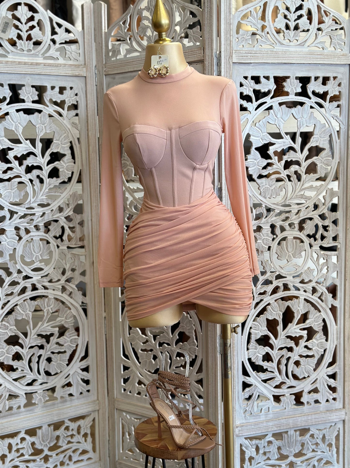 Light Pink Mock Neck Mini Corset Dress- Stretchy