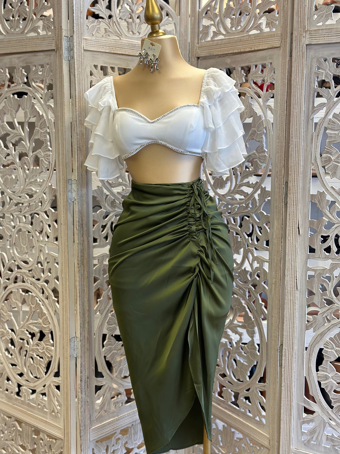 Olive Ruched Satin Midi Skirt- Stretchy