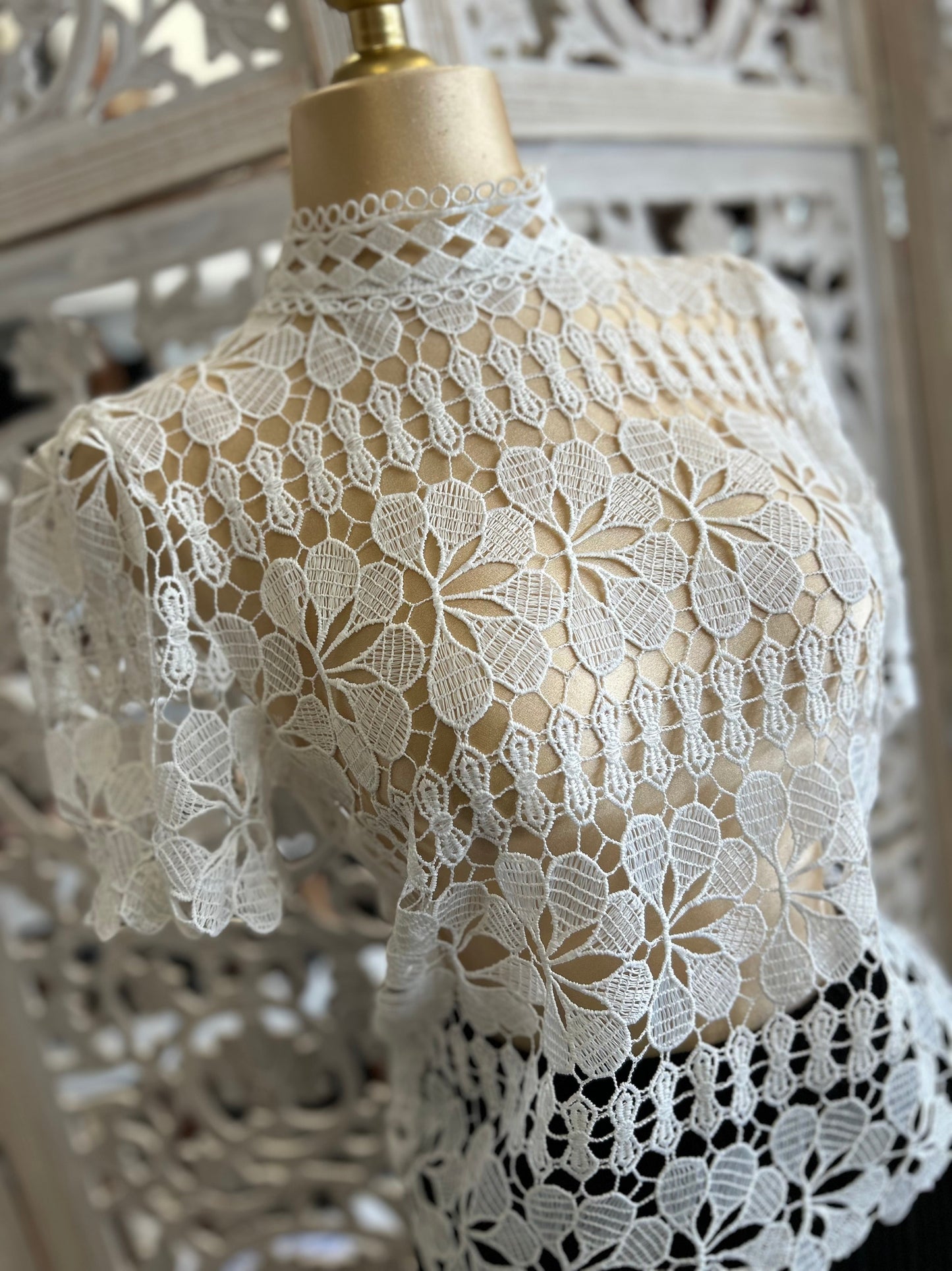 Cream Mock Neck Crochet Blouse