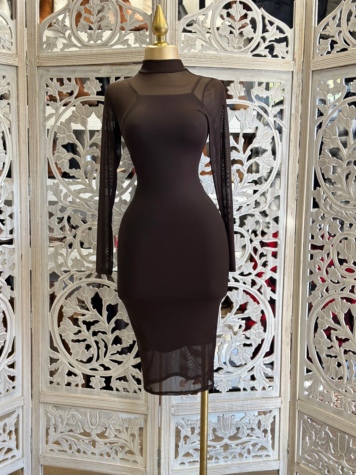 Brown  Mesh Mock Neck Midi Dress