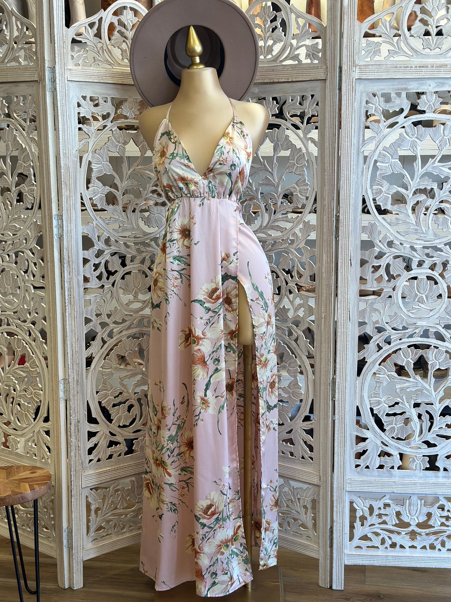 Pink Pattern Open Back Maxi Dress- Slightly Stretchy