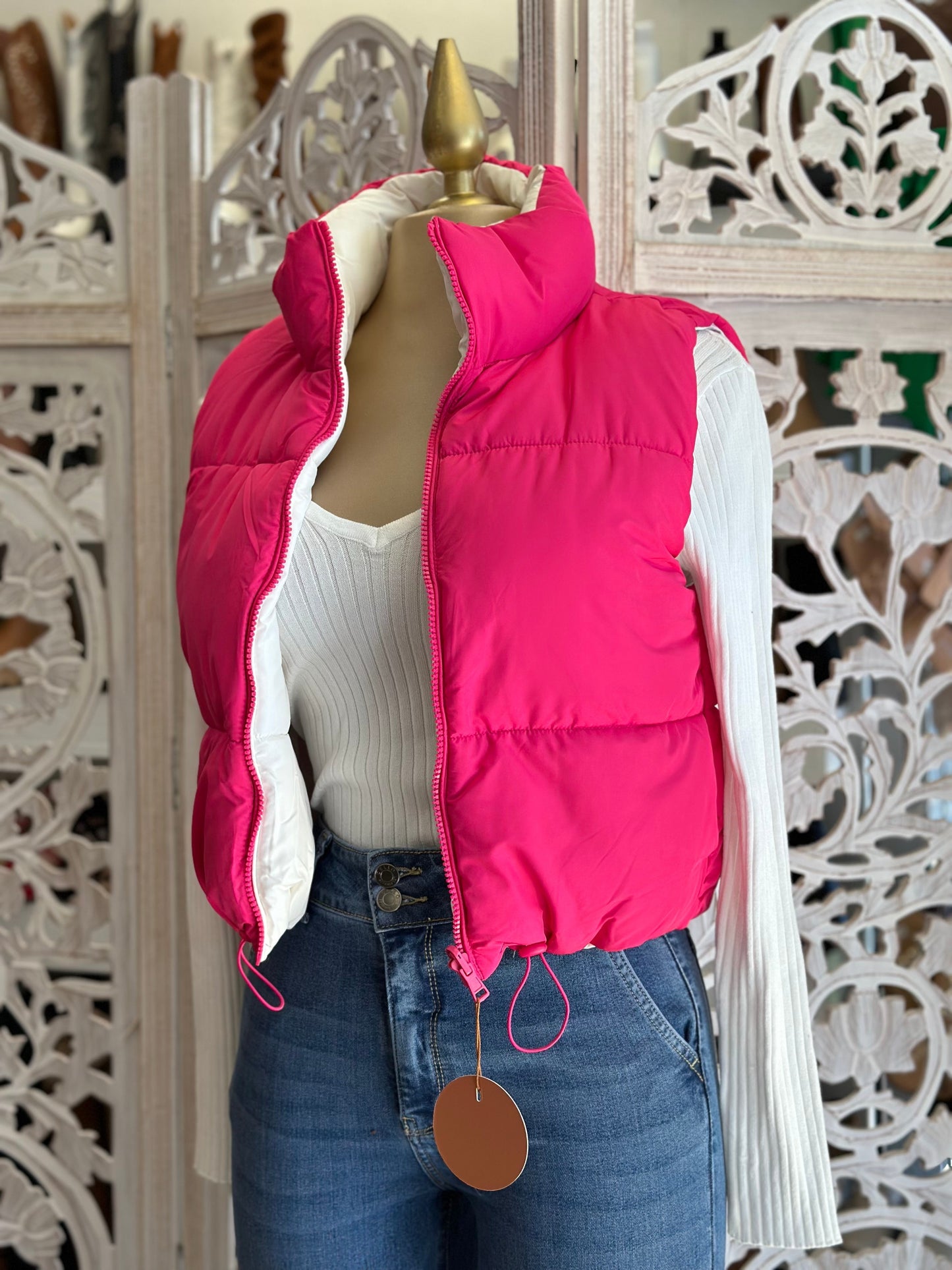 Double Color Hot Pink and White Cropped Puffer Vest