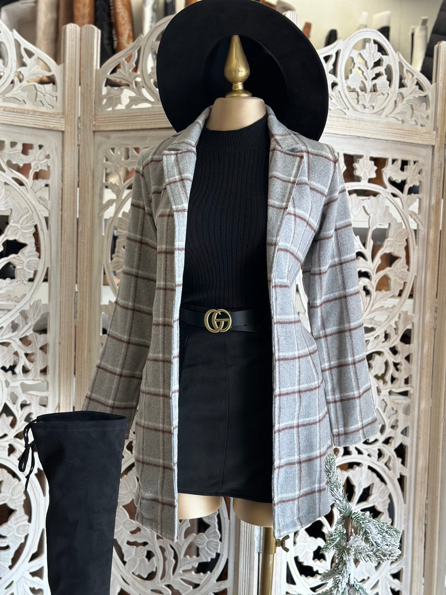 Gray Plaid Blazer Coat