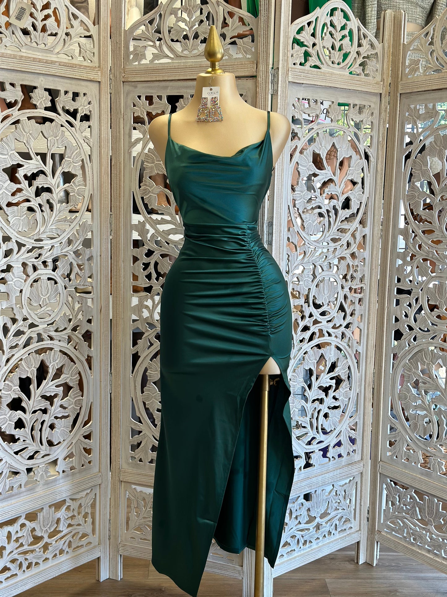 Forest Green Ruched Cowl Gown