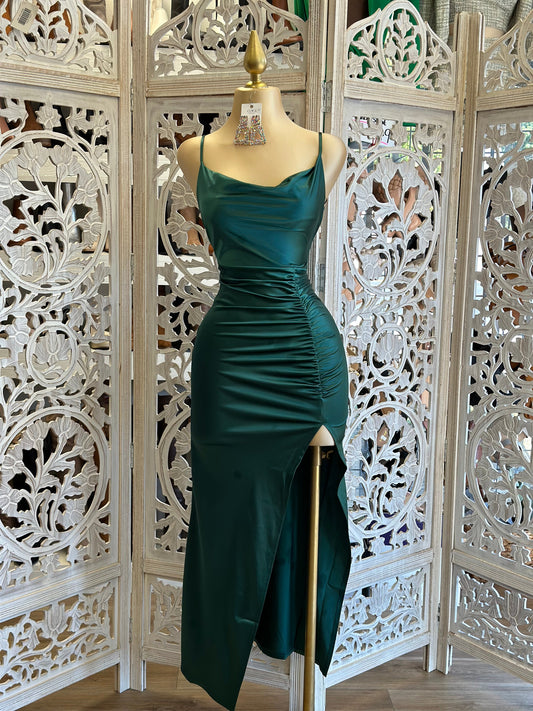 Forest Green Ruched Cowl Gown