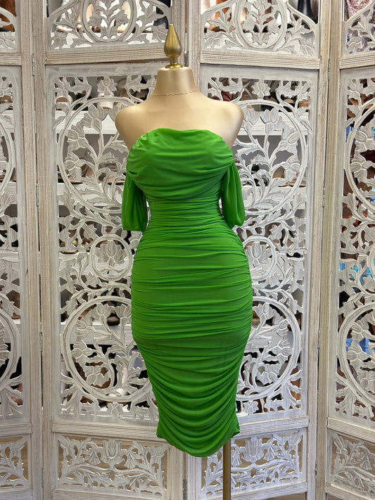 Green Midi Off Shoulder Ruched Dress- Stretchy