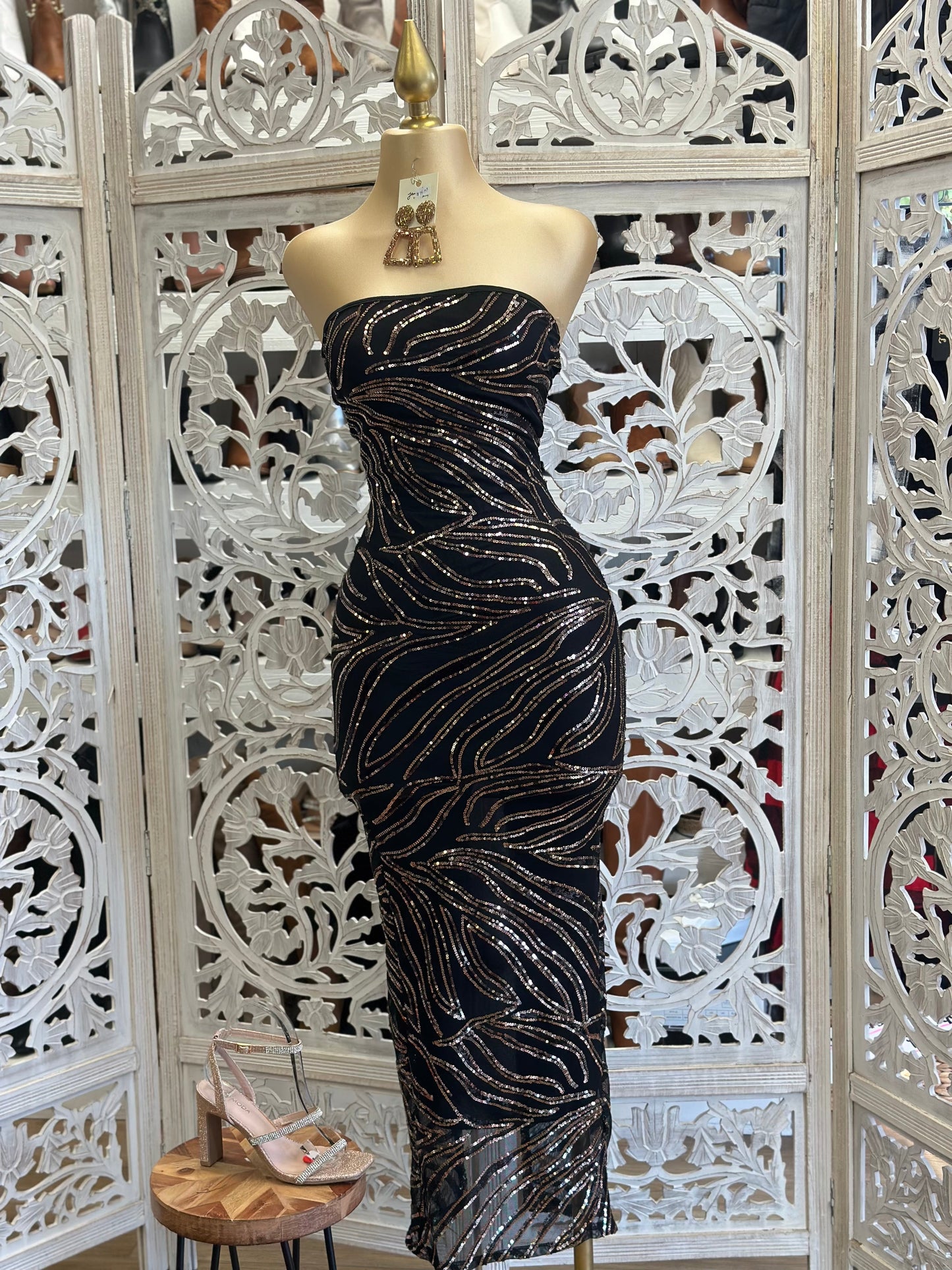 Black Strapless Sequin Pattern Midi Dress