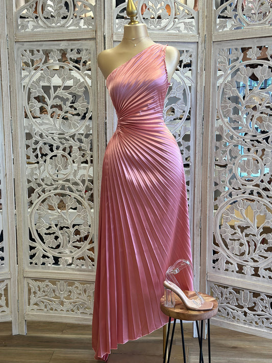 Pink Pleated Cutout Dress- Slightly Stretchy