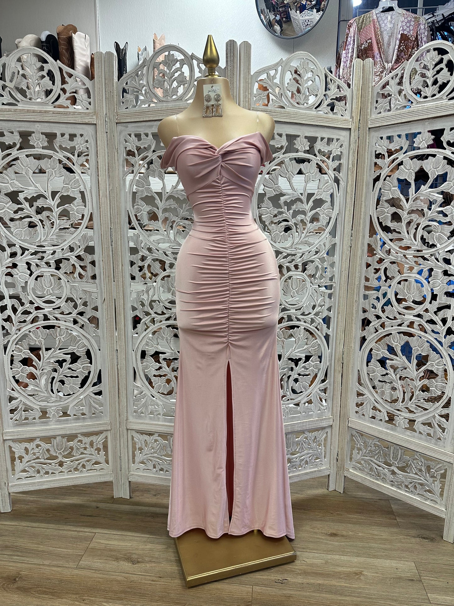 Rose Gold Ruched Off Shoulder Gown- Stretchy