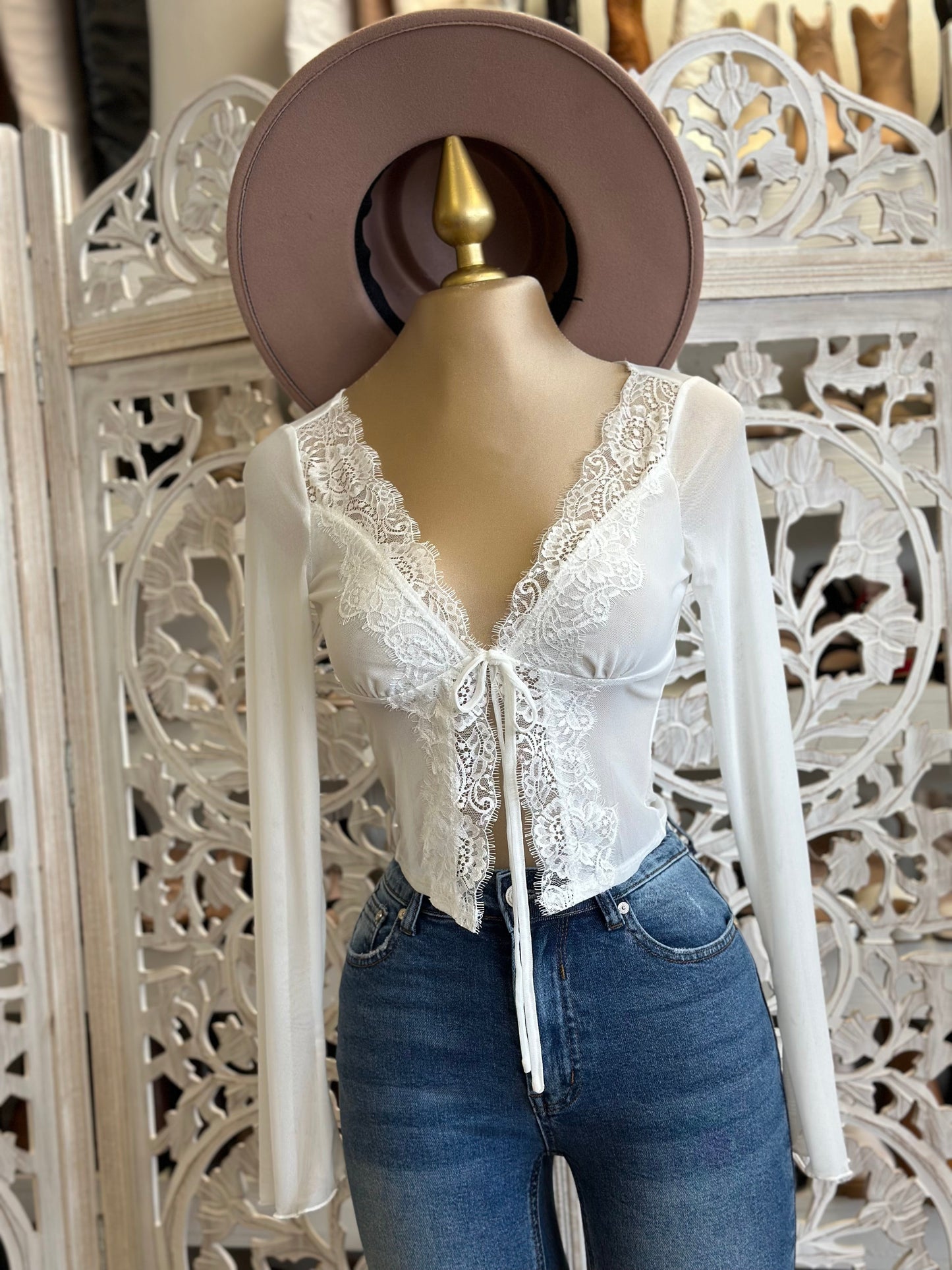 White Mesh Lace Tie Up Blouse- Stretchy