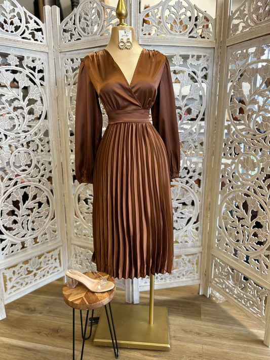 Bronze Pleated Midi Dress- Not Stretchy