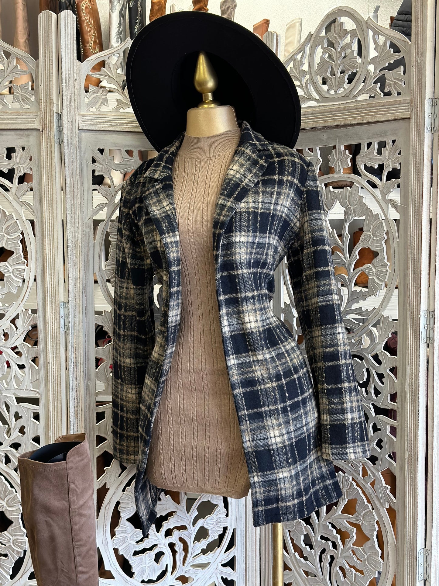 Black Plaid Mid Coat