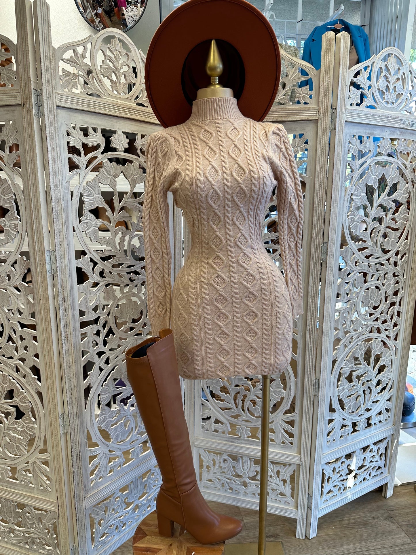 Beige Turtleneck Knit Dress