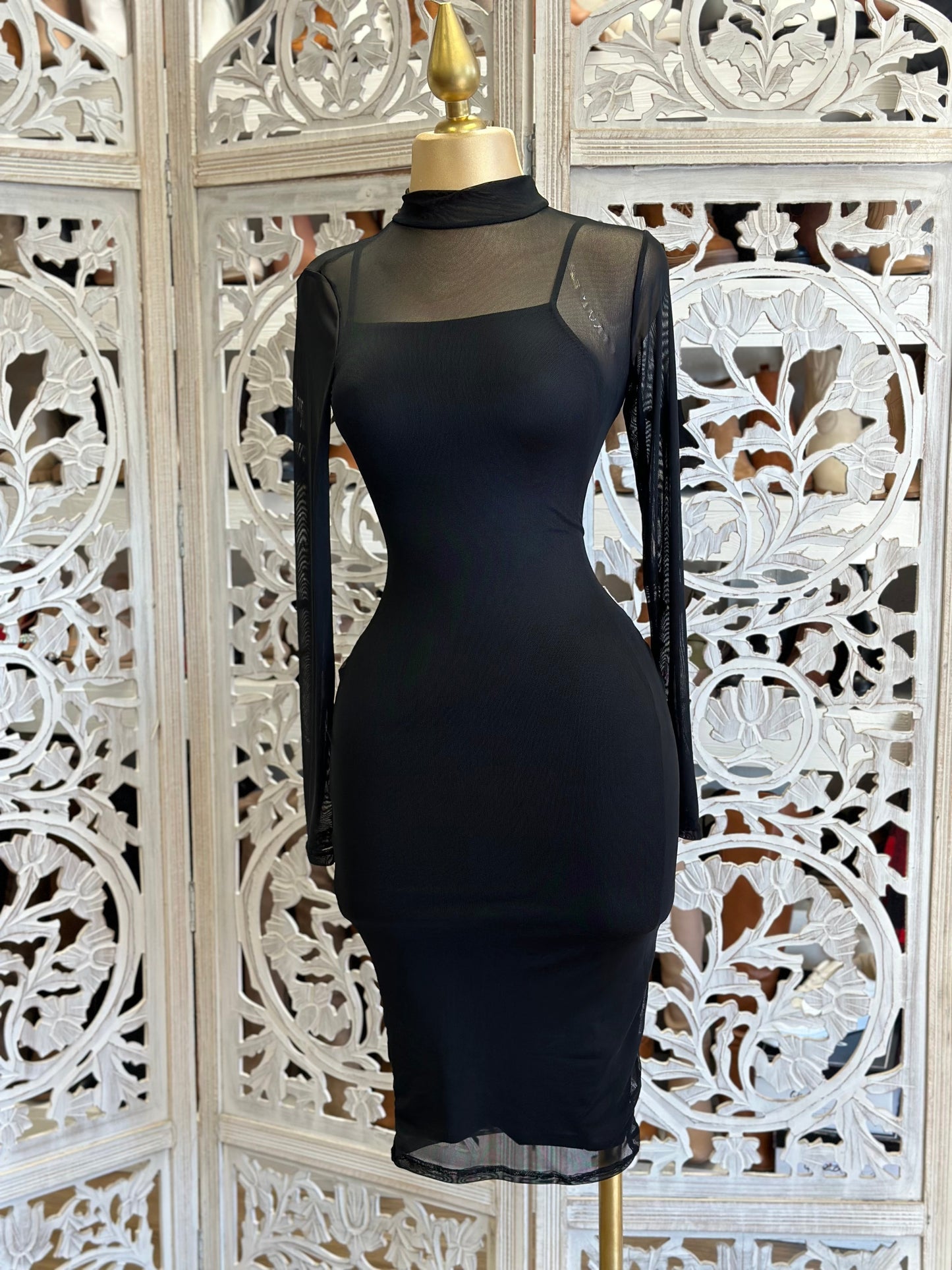 Black Mesh Mock Neck Midi Dress