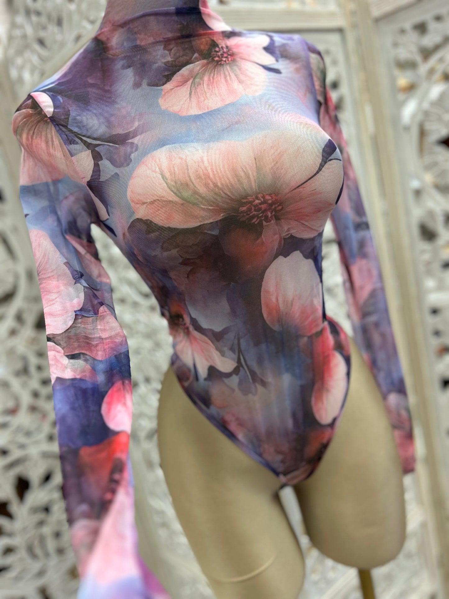 Purple Floral Print Mock Neck Bodysuit- Stretchy