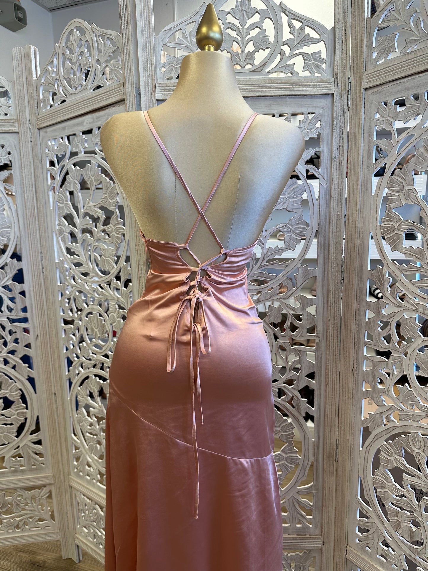 Rose Satin Strappy Slit Dress-Not Stretchy