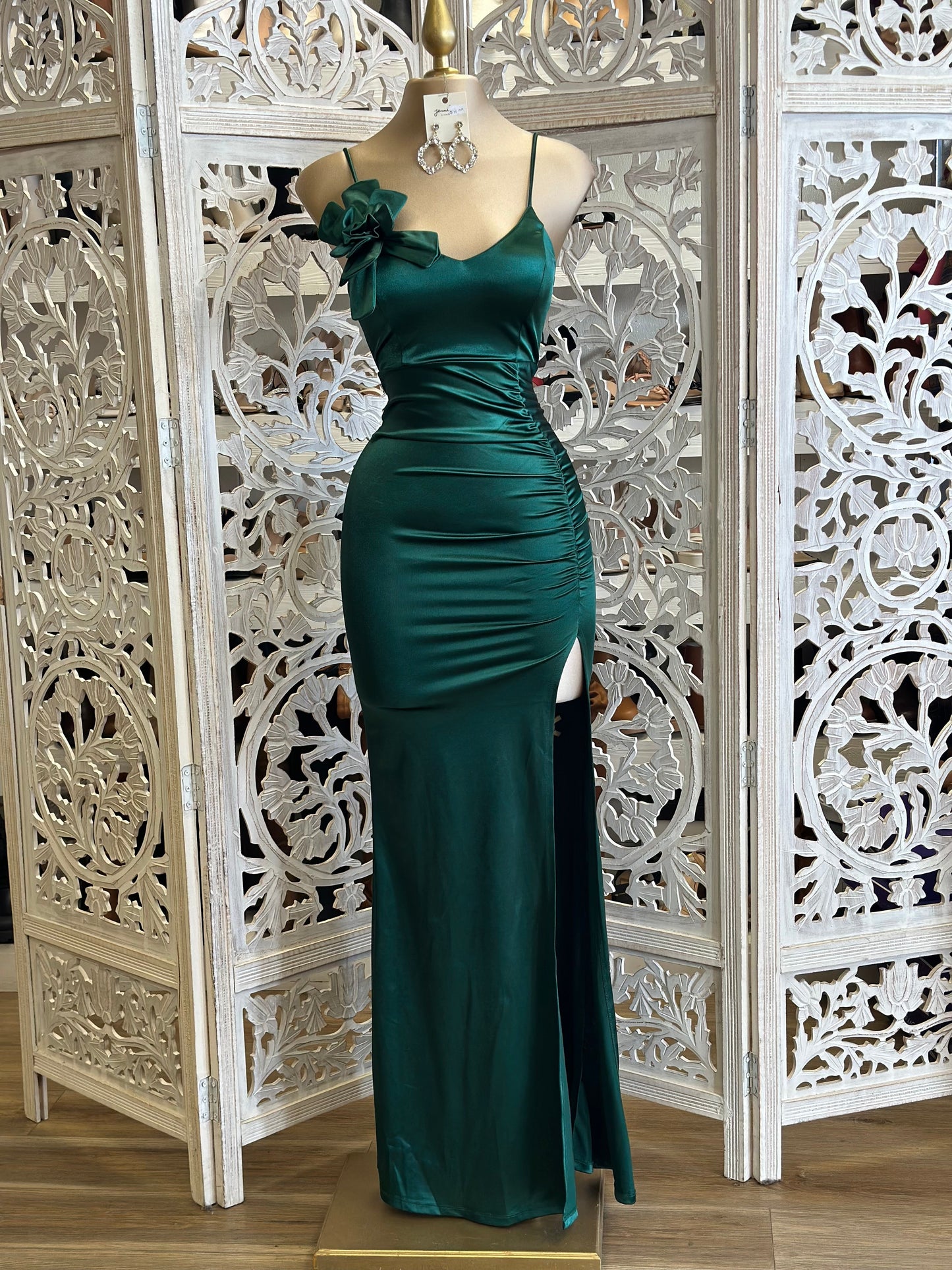 Dark Green Formal Flower Detail Dress- Stretchy