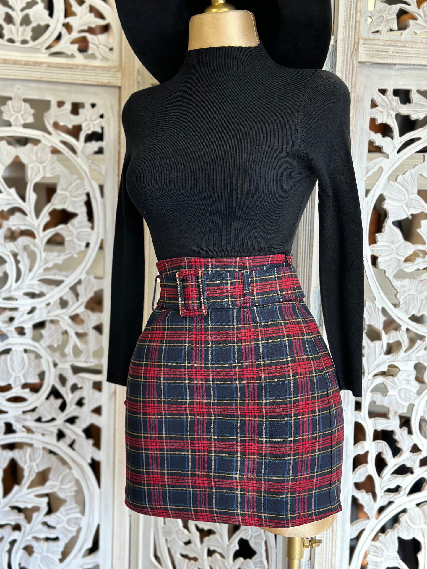 Red plaid Mini Skirt with Thick Belt