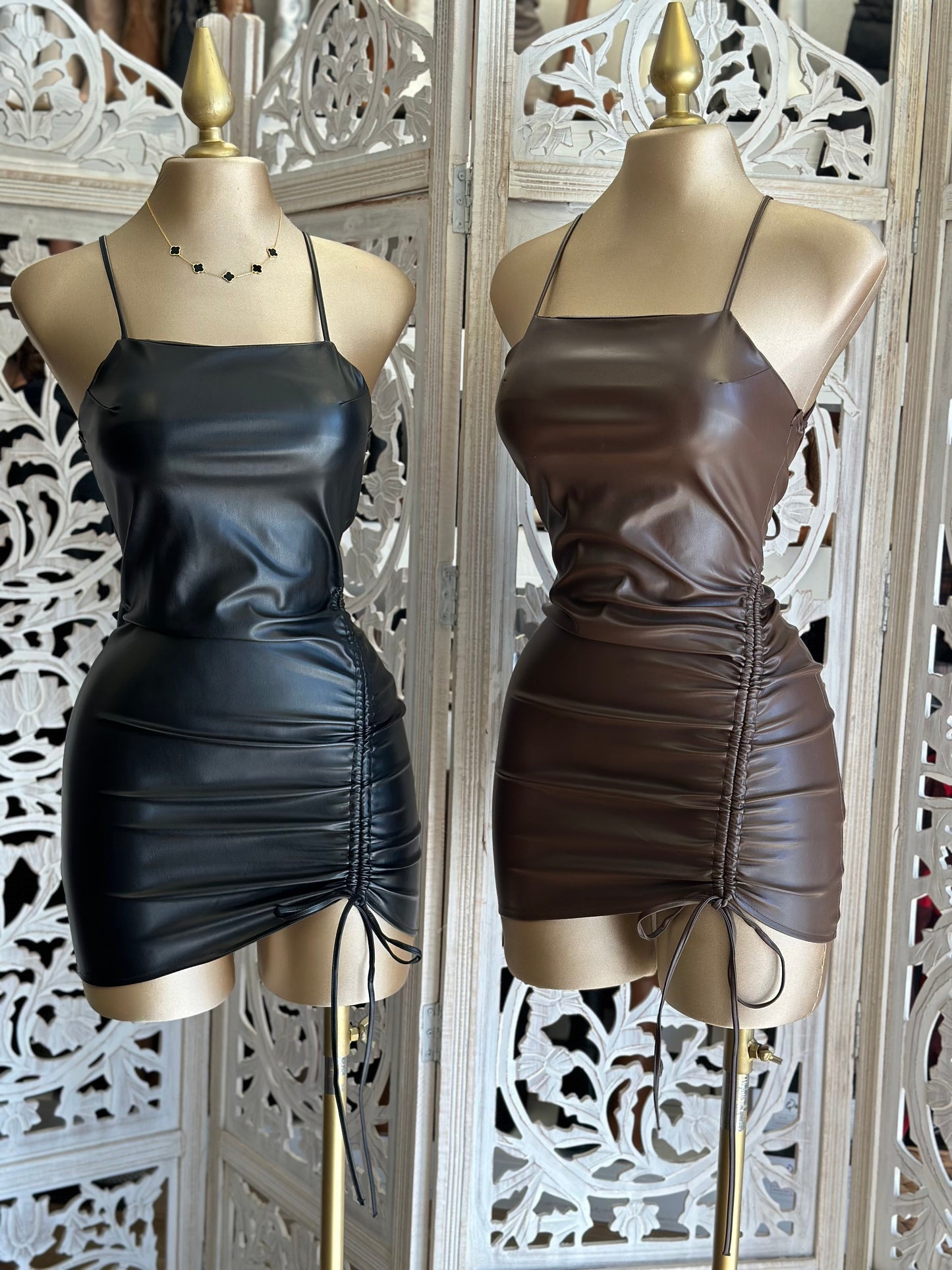 Black Faux Leather Ruched Dress