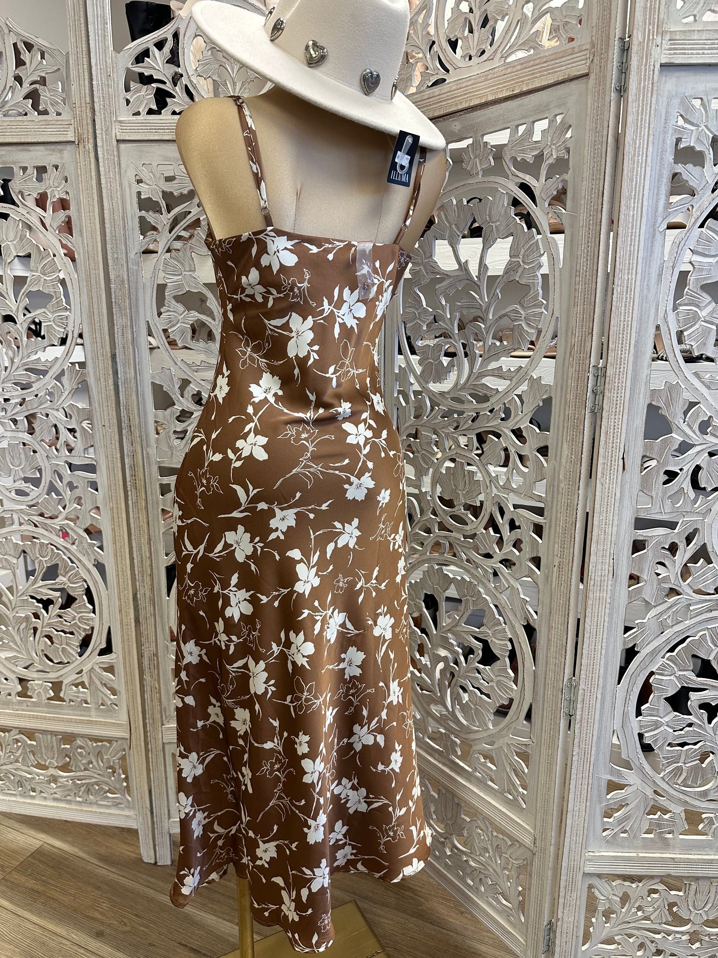 Satin Brown Floral Midi Dress- Not Stretchy 100% poli¨¦ster