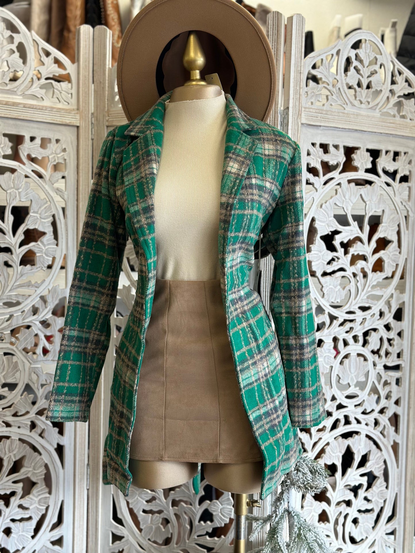 Green Plaid Blazer Coat