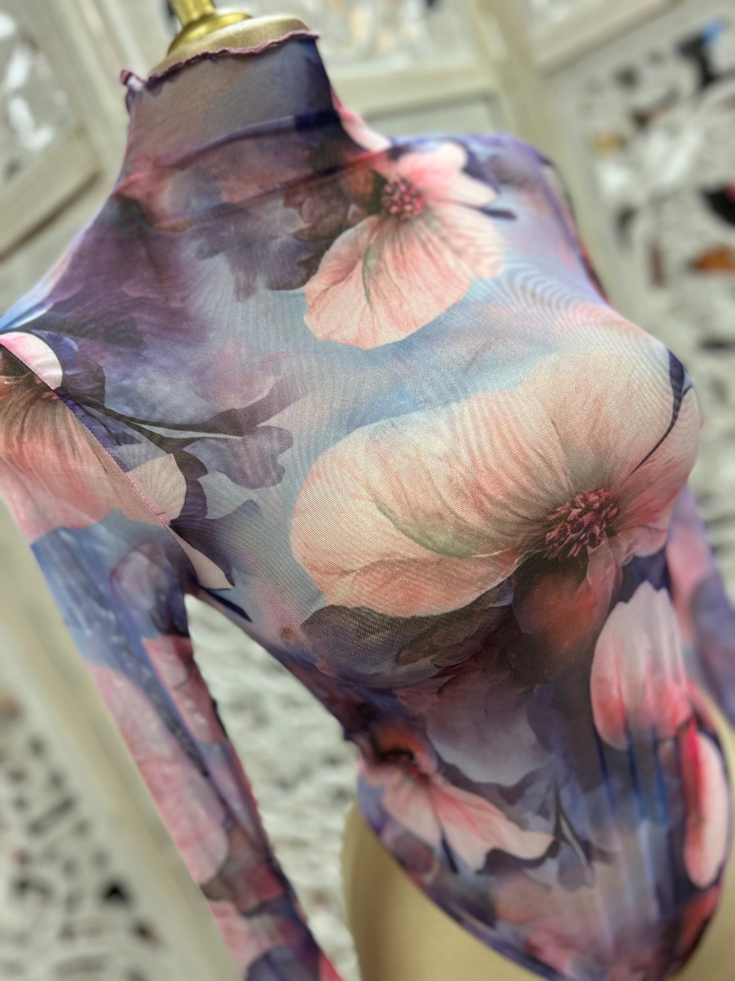 Purple Floral Print Mock Neck Bodysuit- Stretchy