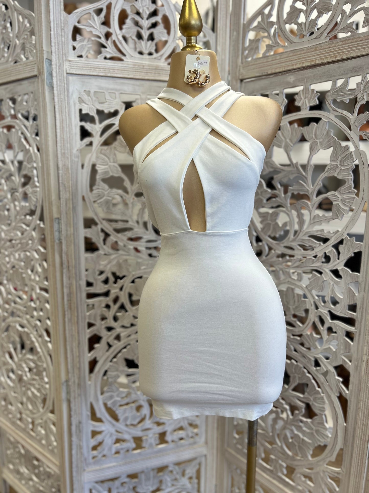 Crossed Cutout White Mini Dress - Slightly Stretchy