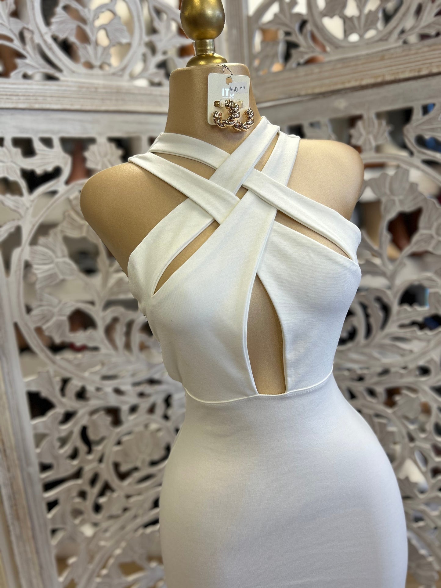 Crossed Cutout White Mini Dress - Slightly Stretchy