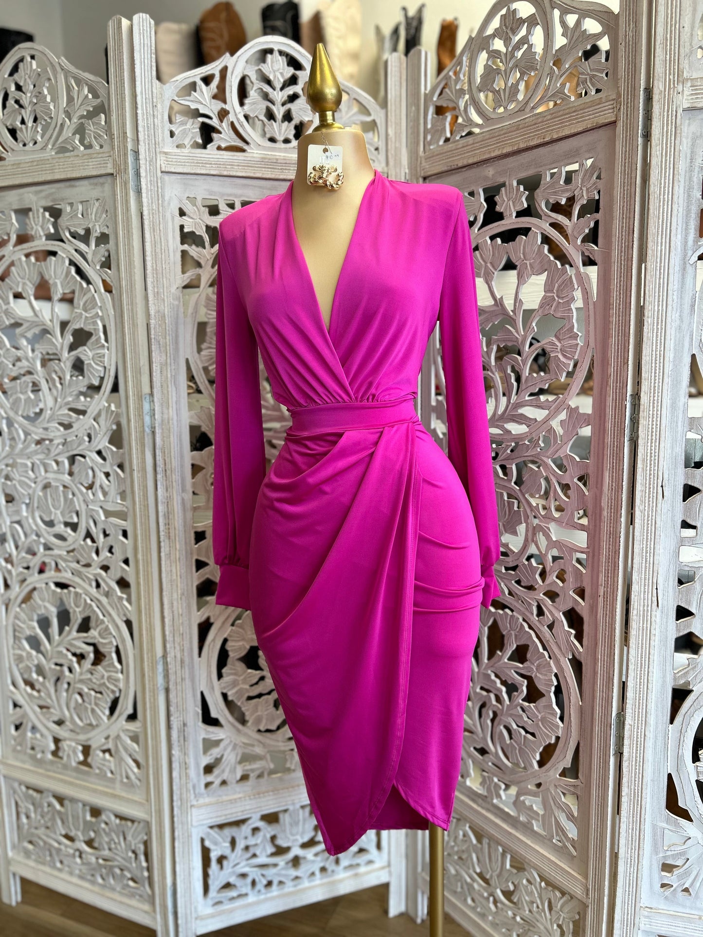 Fuchsia Draped Midi Dress- Very Stretchy