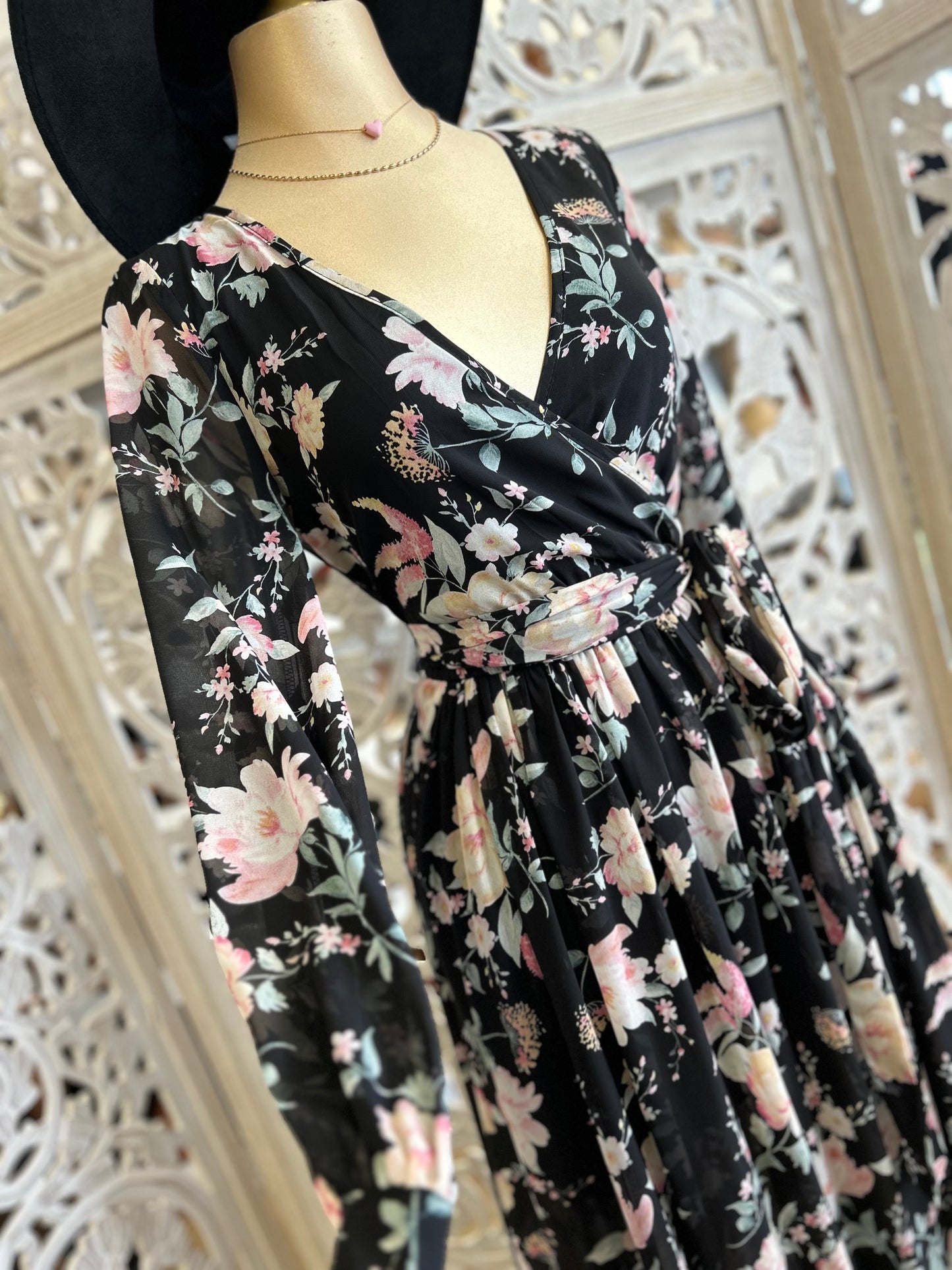 Black Floral Wrapped Maxi Dress- Slightly Stretchy