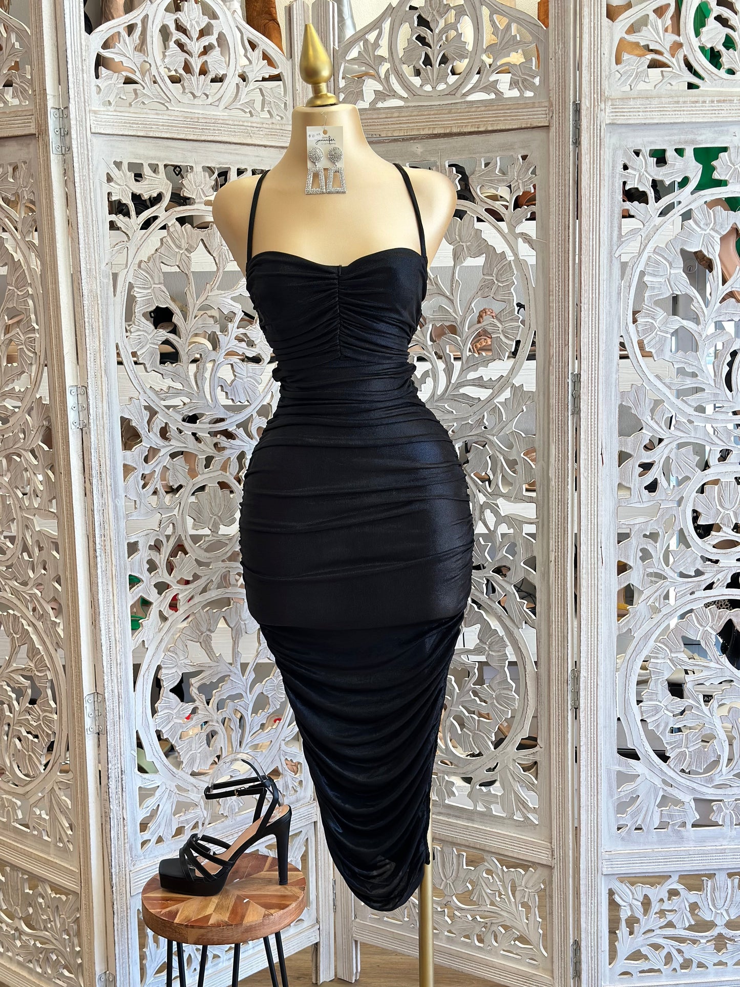 Black Ruched Midi Tie Back Dress