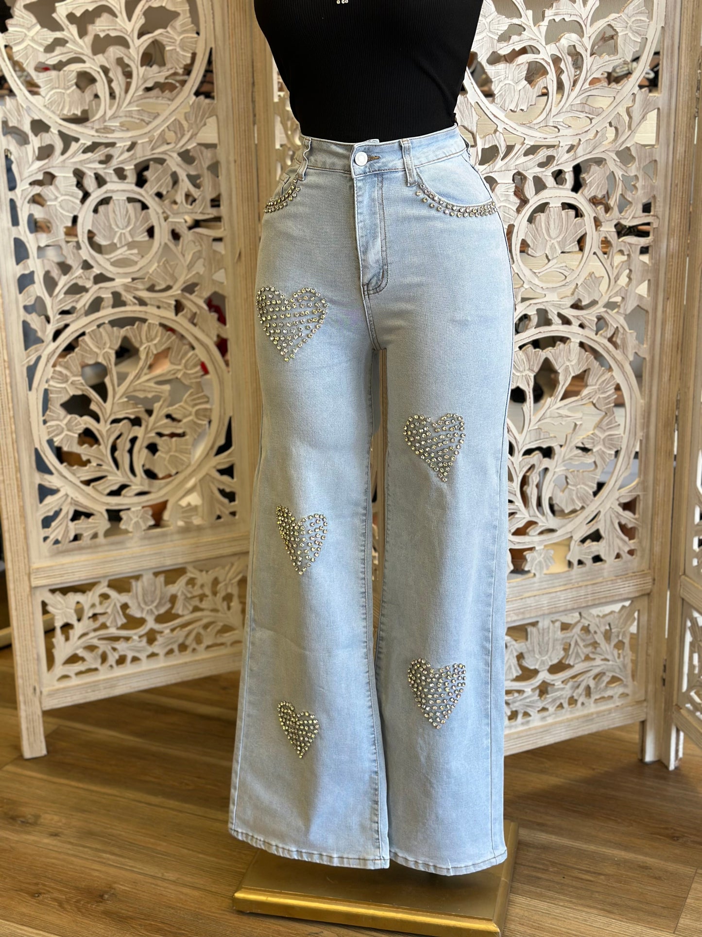 Rhinestone Heart Jeans- Stretchy