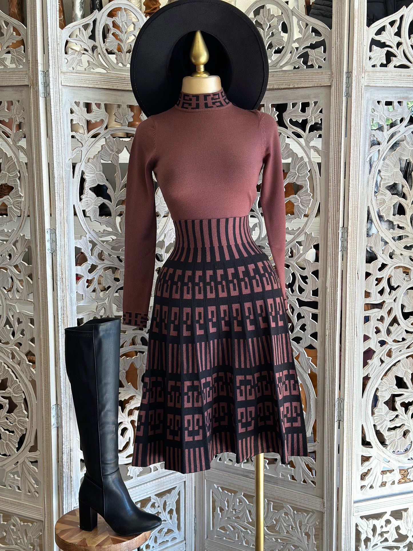 Mock Neck Top and Skirt Patterned Set