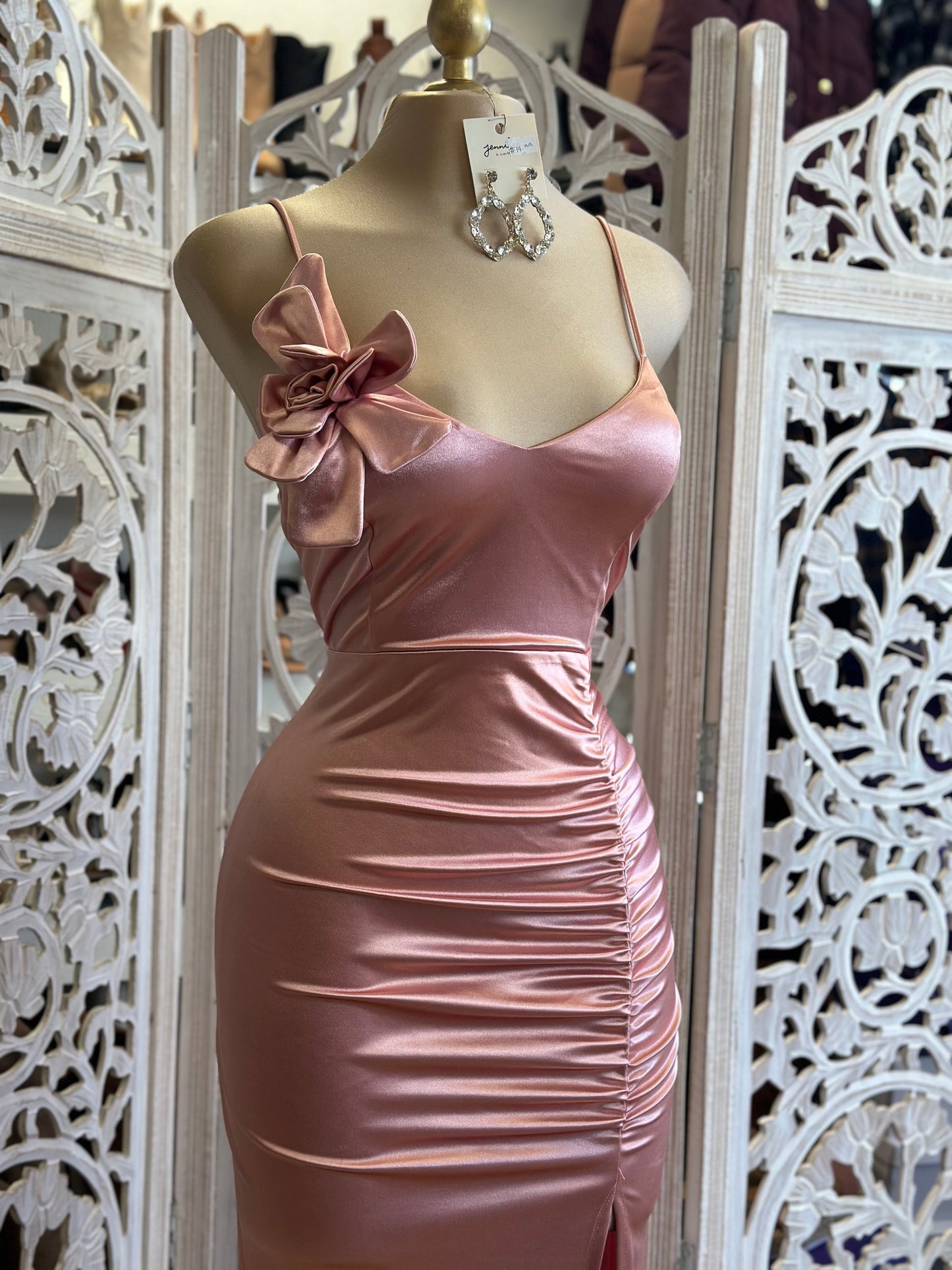 Rose Pink Formal Flower Detail Dress- Stretchy