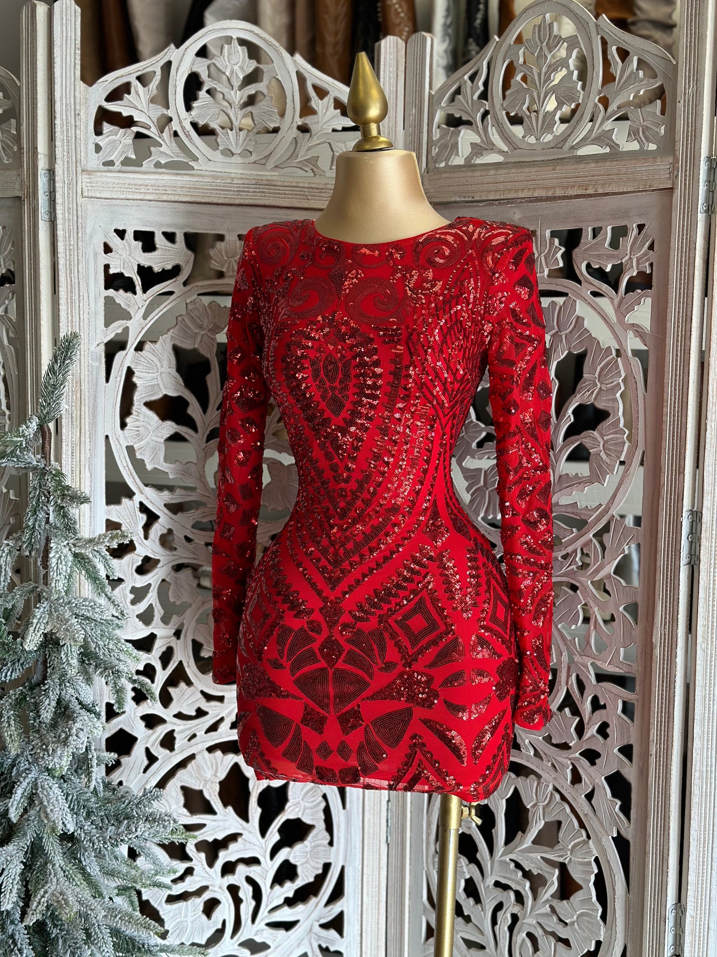 Red Sequin Pattern Mini Dress