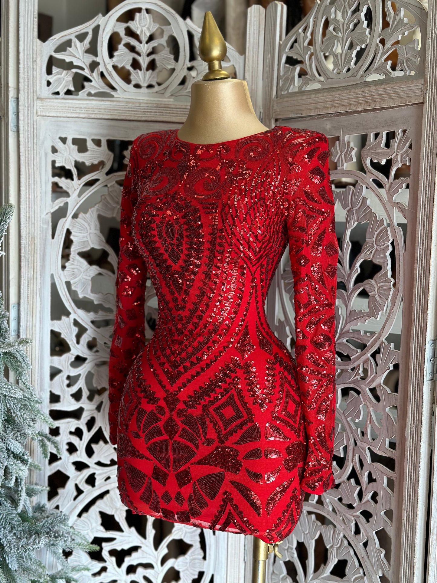 Red Sequin Pattern Mini Dress