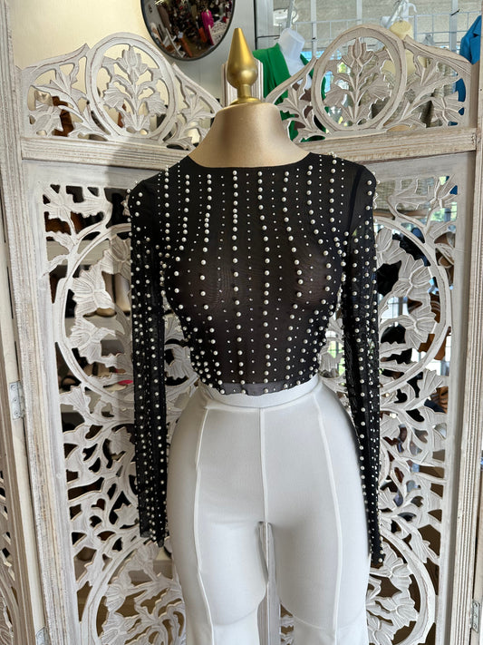 Black Mesh Pearl Long Sleeve Top