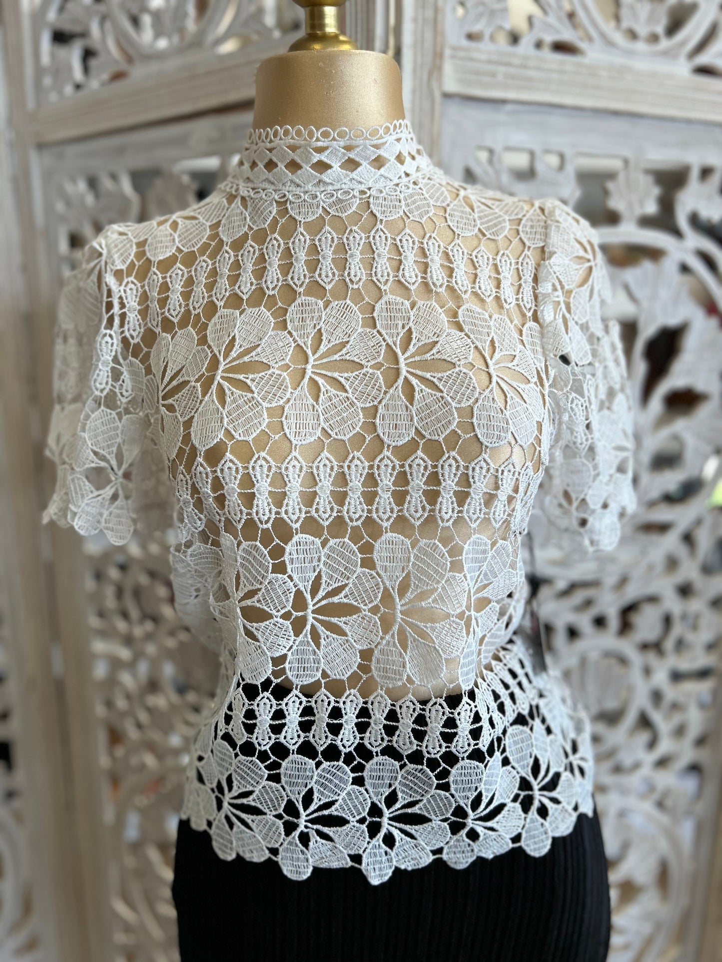 Cream Mock Neck Crochet Blouse