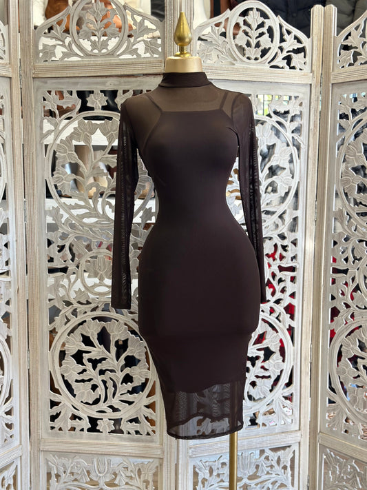 Brown  Mesh Mock Neck Midi Dress