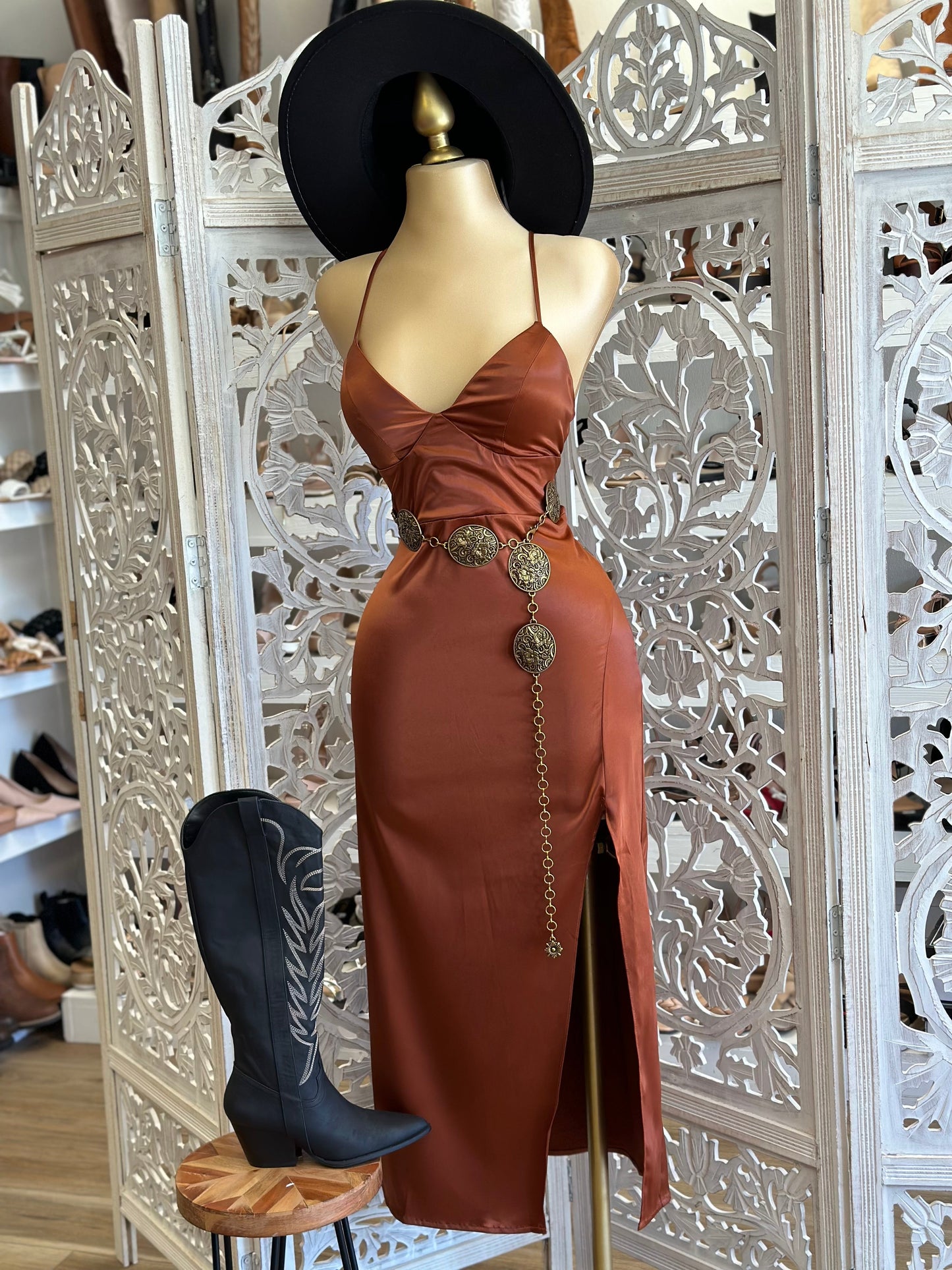 Coffee Brown Satin Tie Back Dress