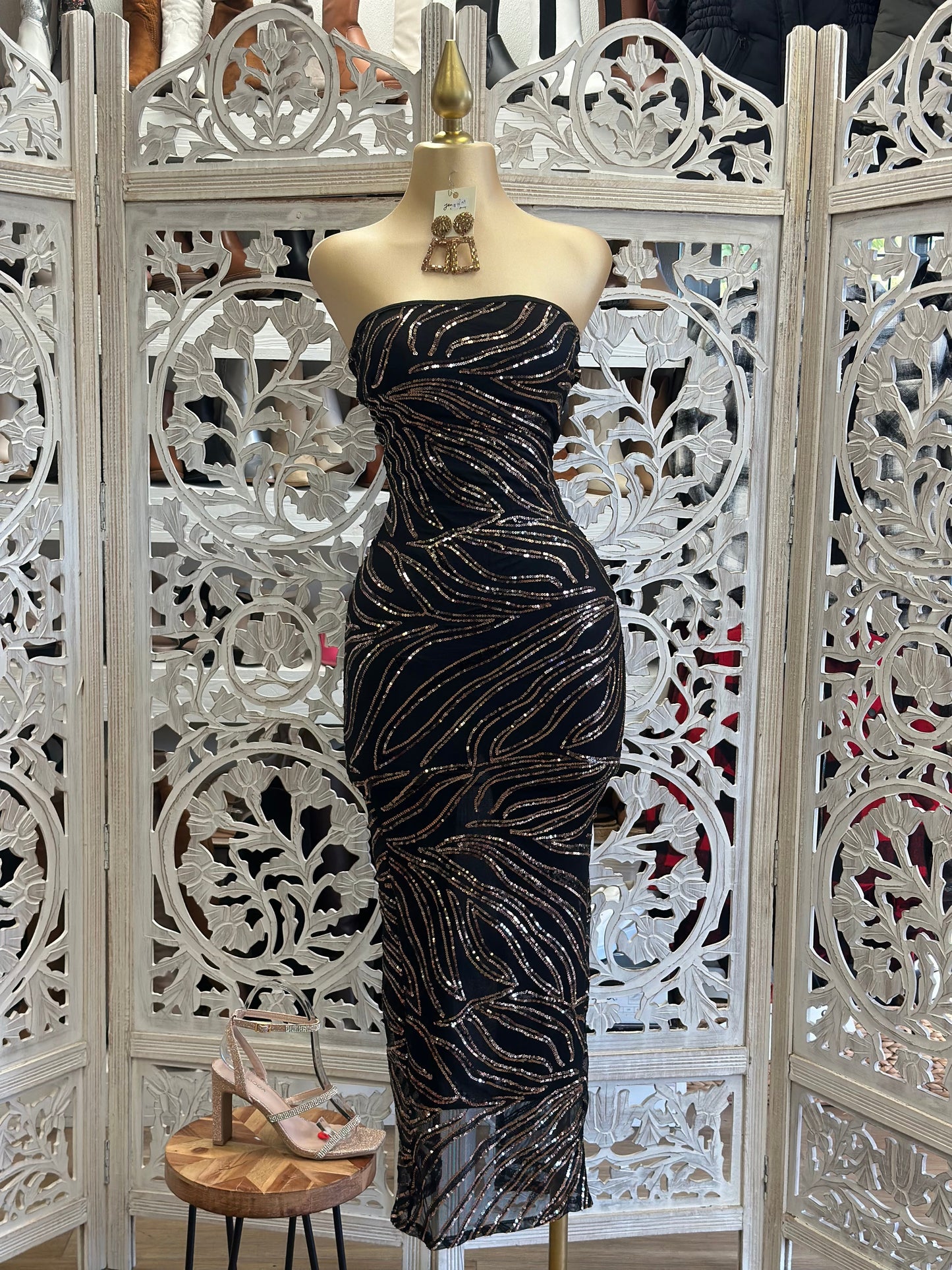 Black Strapless Sequin Pattern Midi Dress