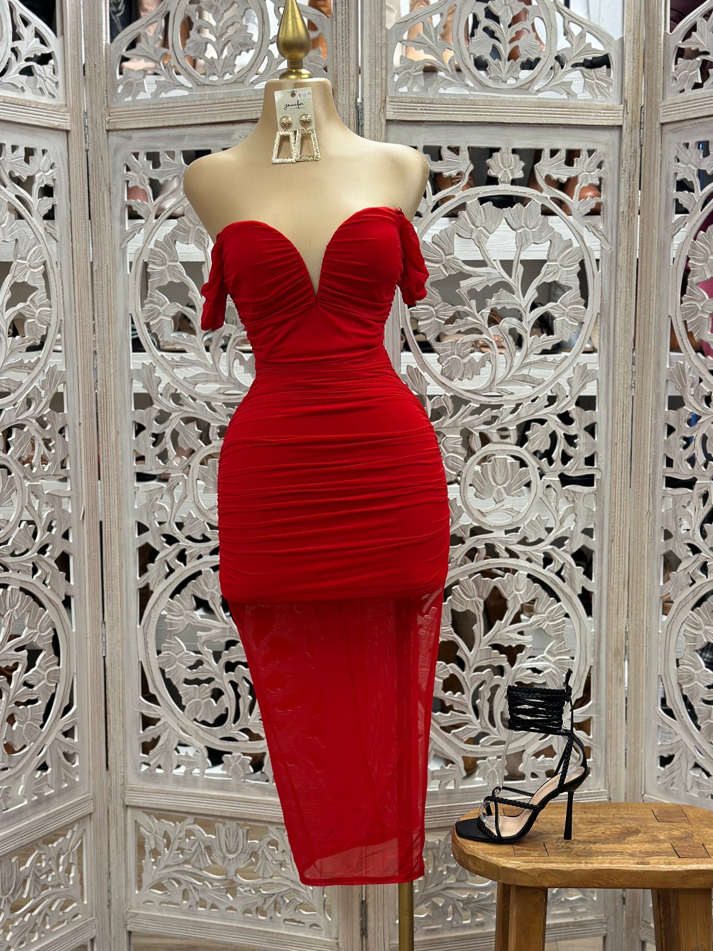 Red Ruched Heart Lined Mesh Dress- Stretchy