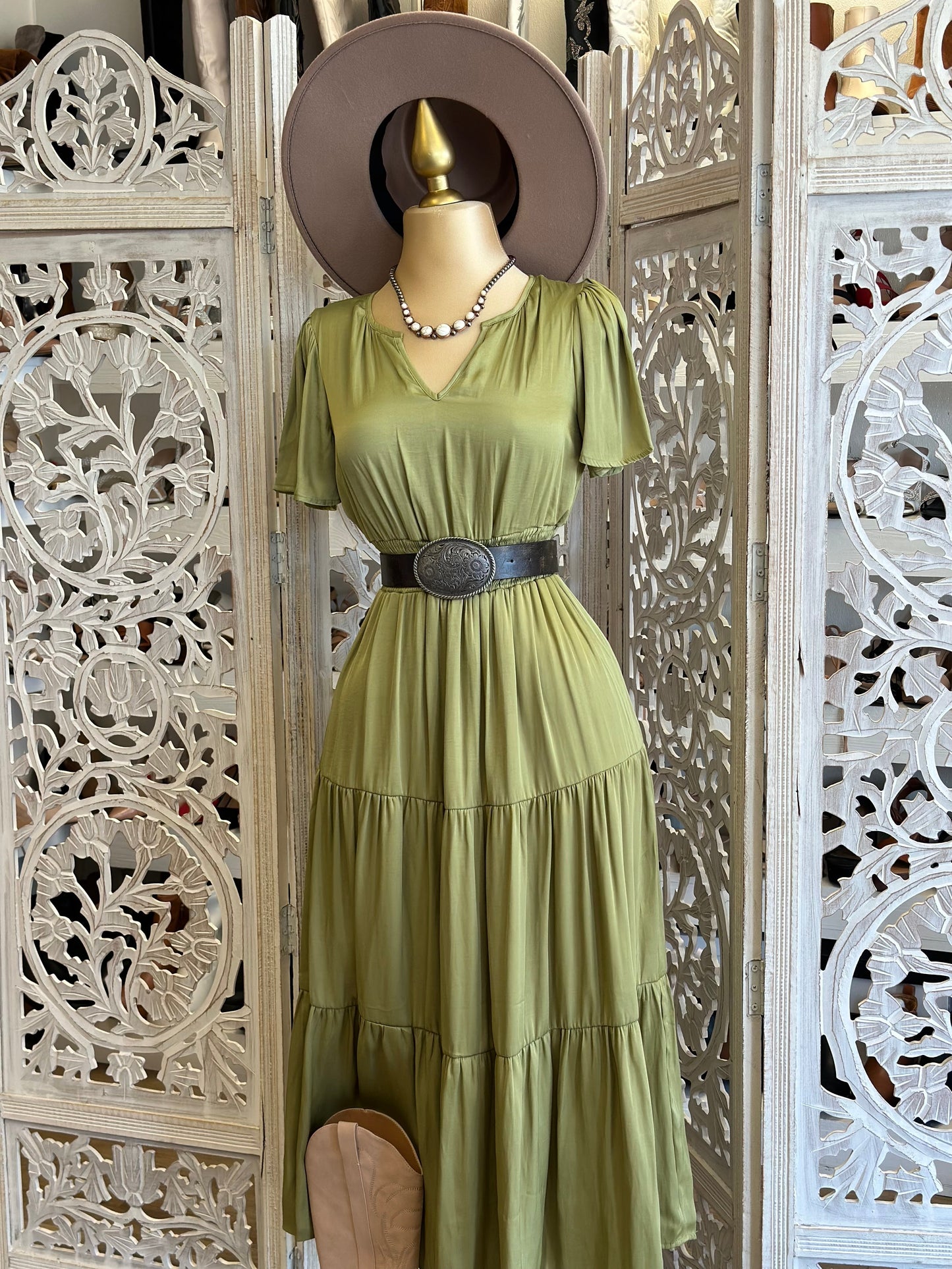 Olive Short Sleeve Maxi Dress- Stretchy