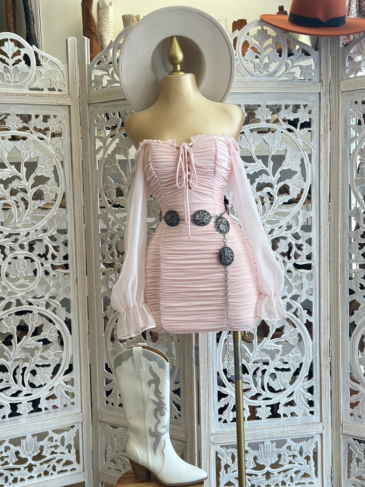 Light Pink Ruched Mini Dress- Stretchy