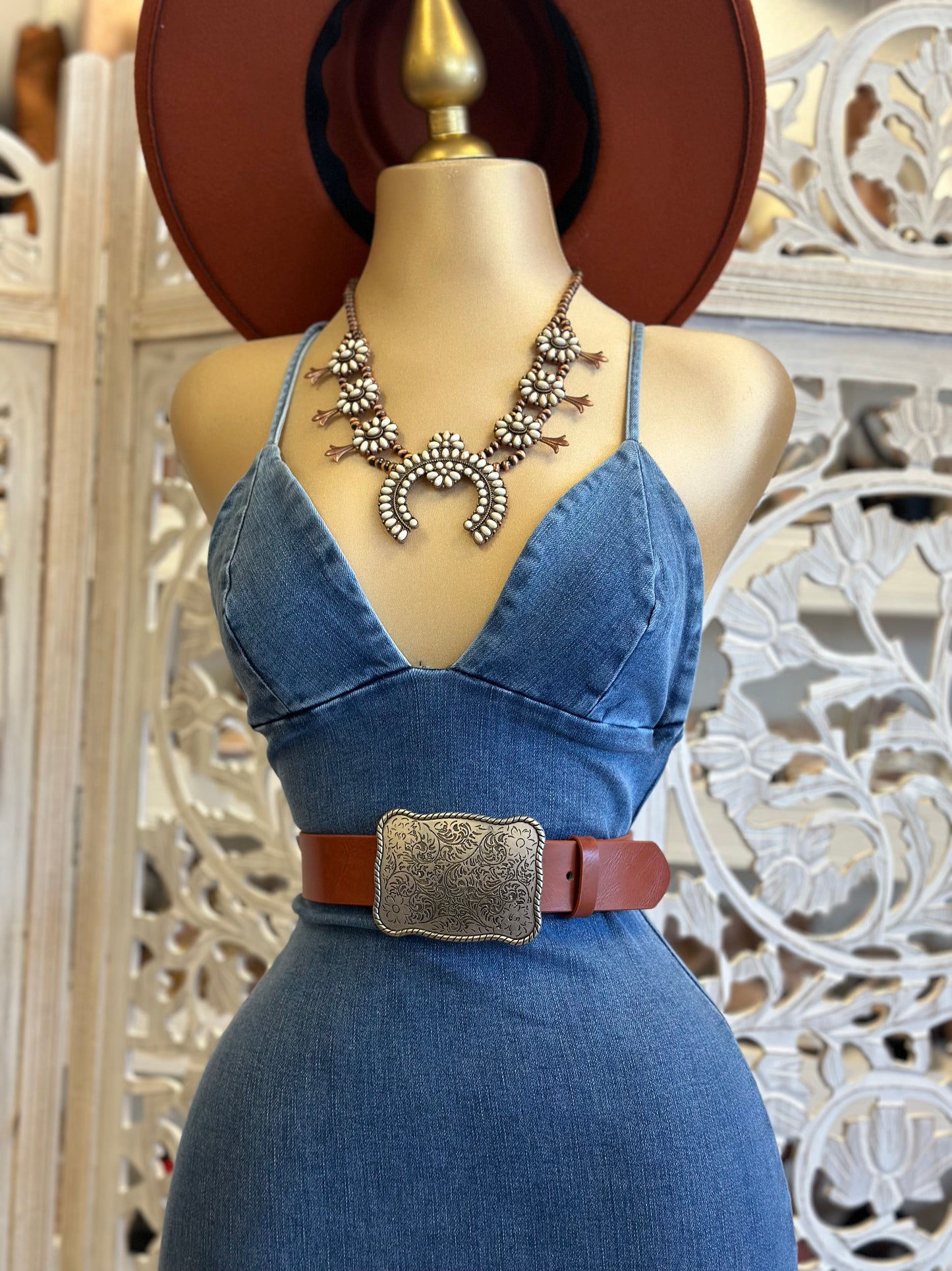 Denim Heart Cross Back Dress- Stretchy