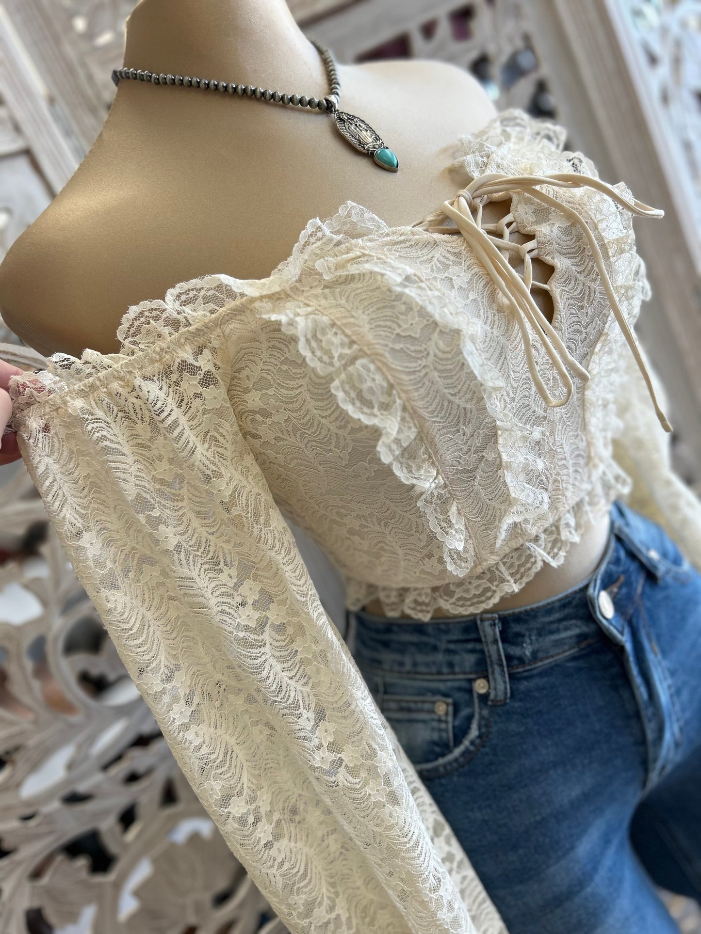 Cream Lace Tie Up Off Shoulder Crop