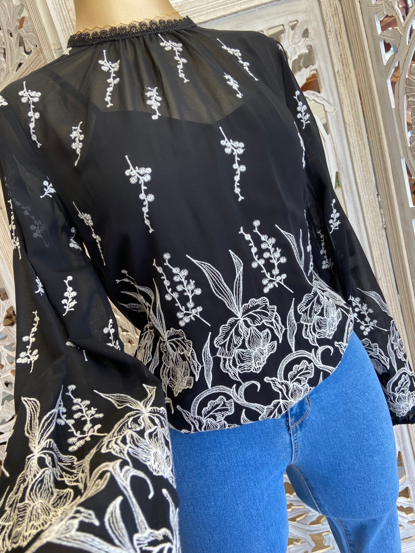 Black High Neck Embroidered Blouse