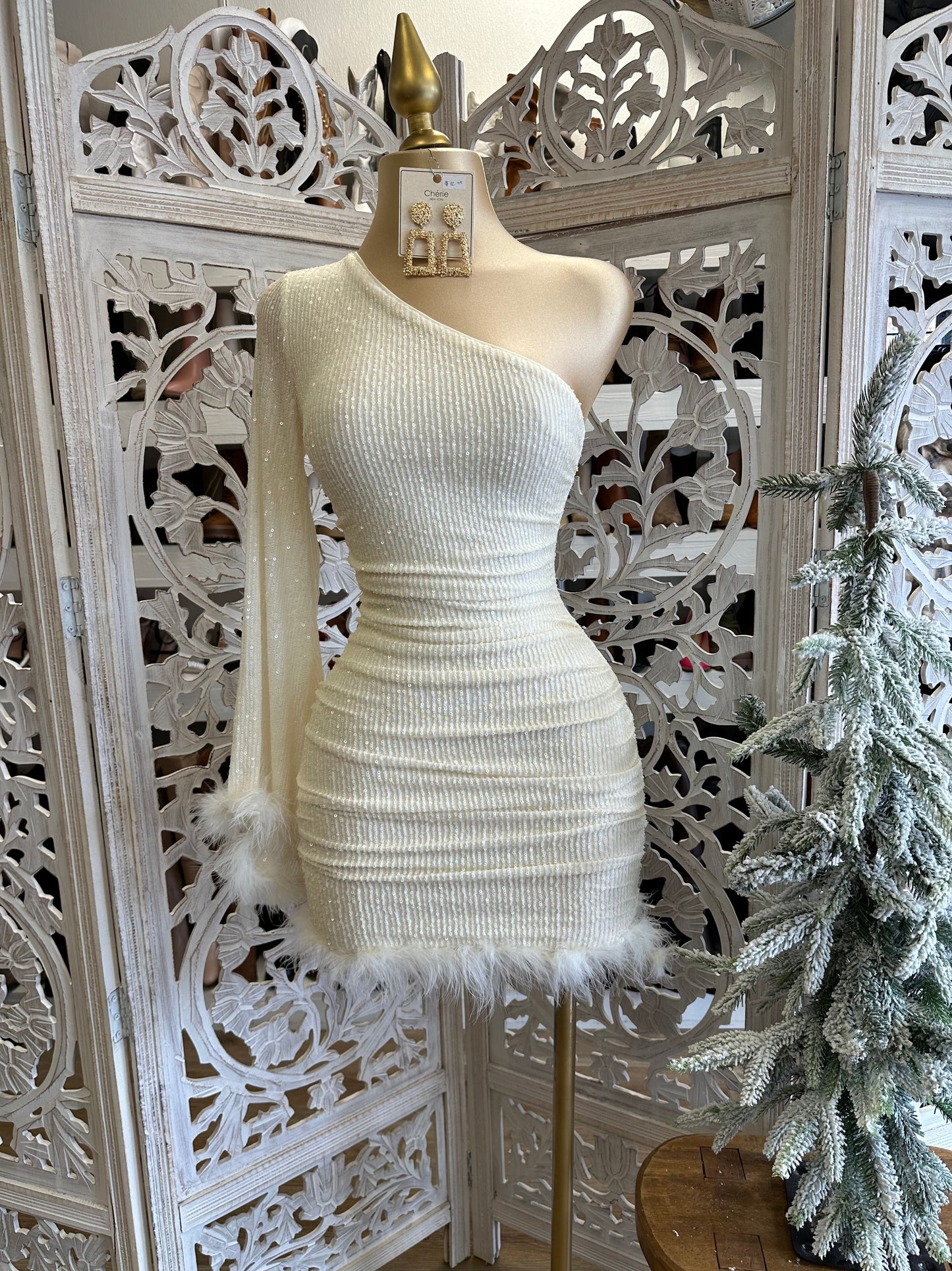 White Sequin Feathered Dress