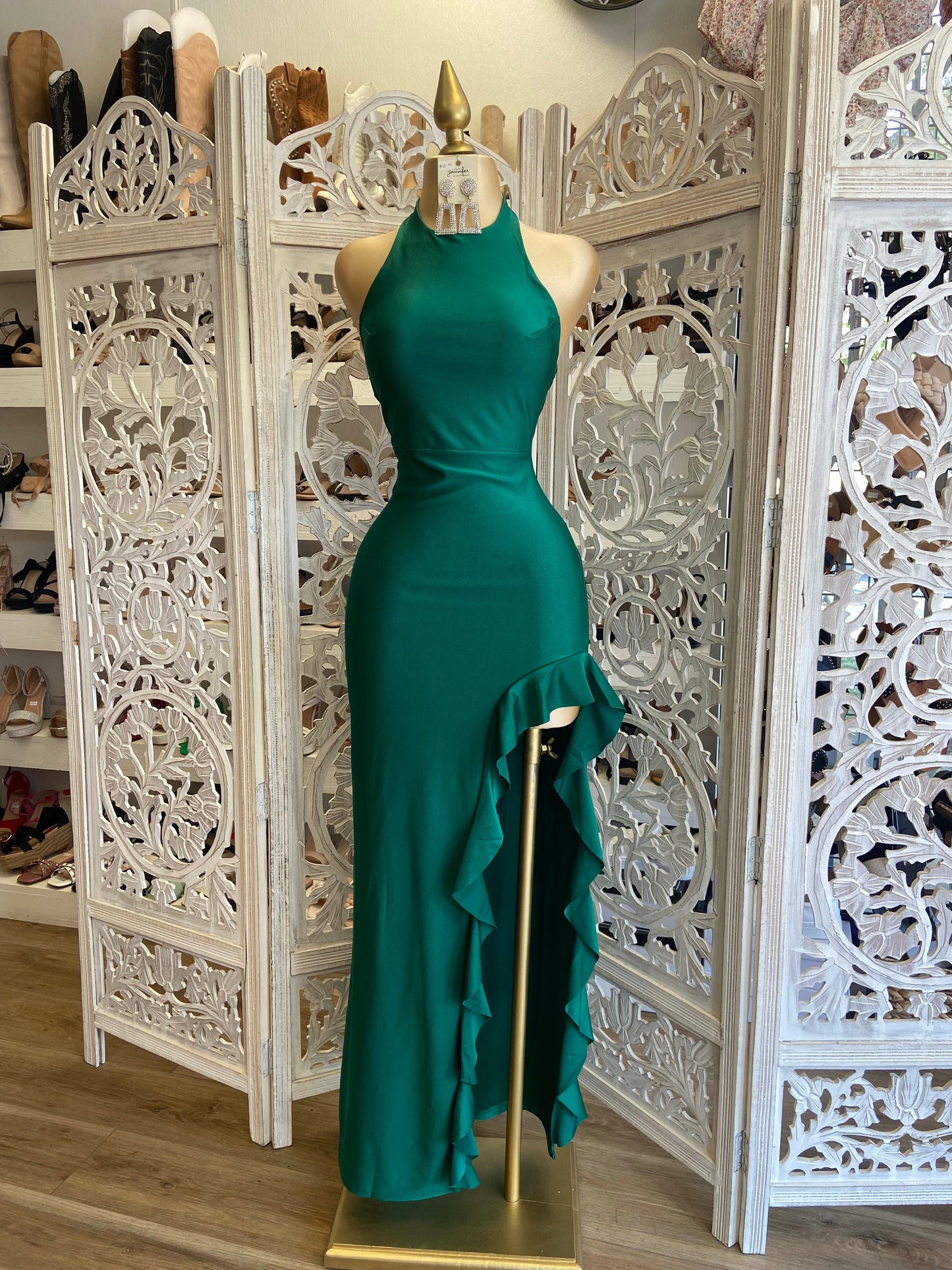 Emerald Ruffled Mock Neck Dress