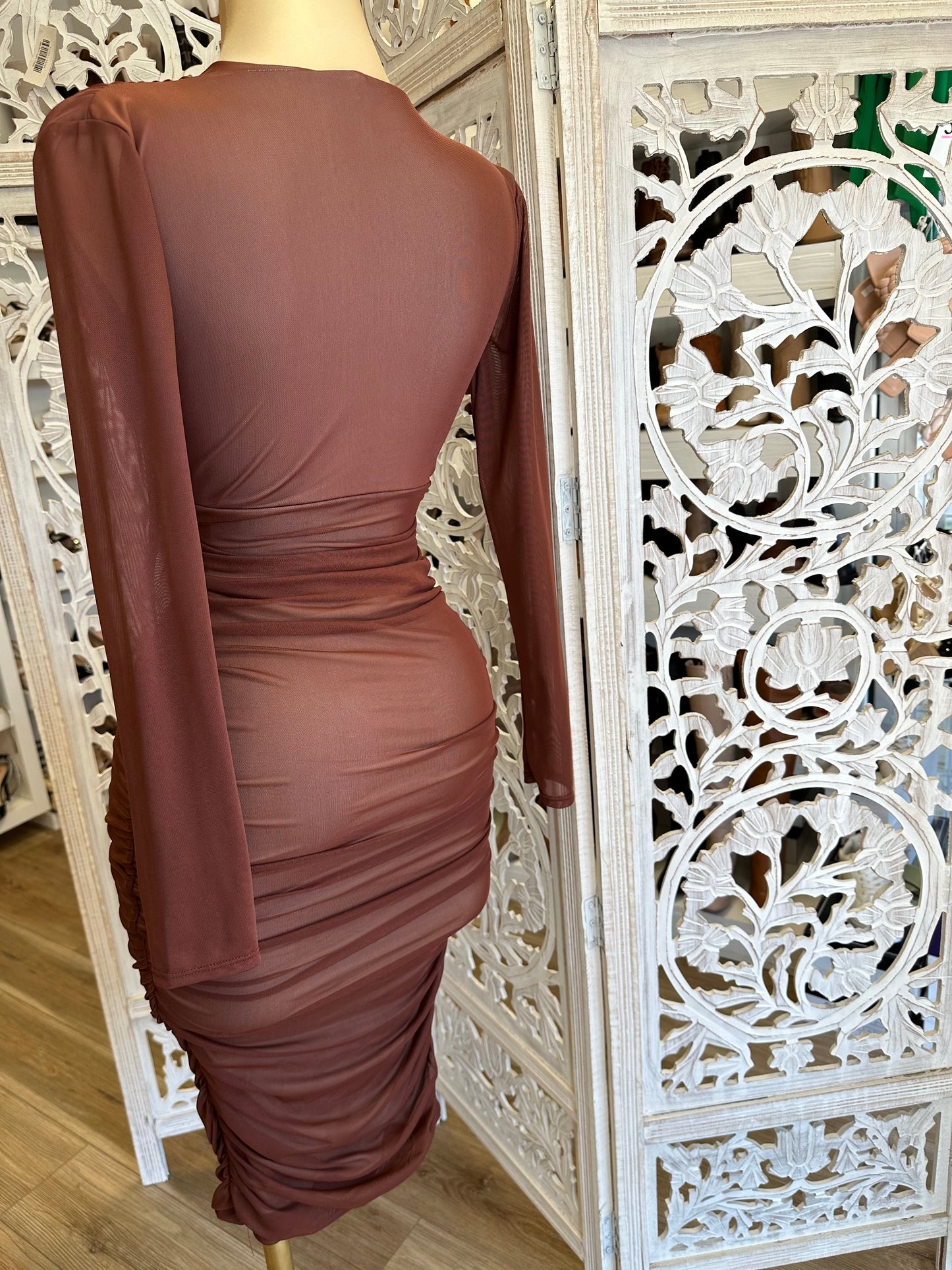 Brown Crossed Mesh Midi Dress